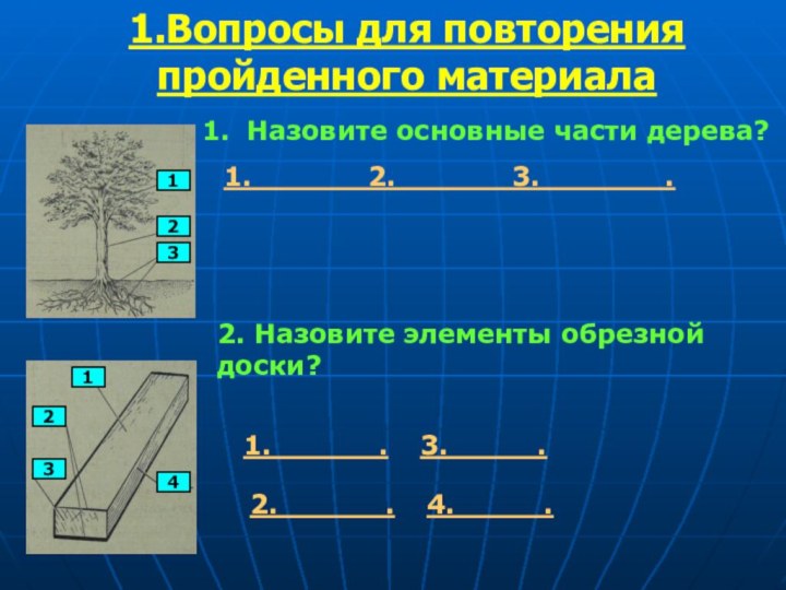 1.Вопросы для повторения пройденного материала123Назовите основные части дерева?1.