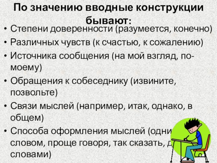 По значению вводные конструкции бывают:Степени доверенности (разумеется, конечно)Различных чувств (к счастью, к