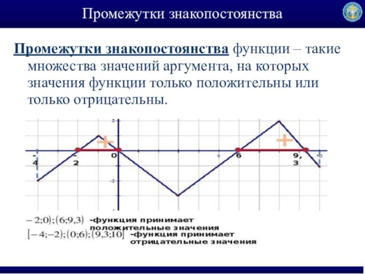 Промежутки знакопостоянстваПромежутки знакопостоянства функции – такие множества значений аргумента, на которых значения