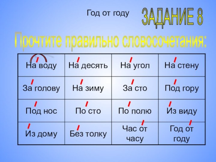 Год от годуЗАДАНИЕ 8Прочтите правильно словосочетания: