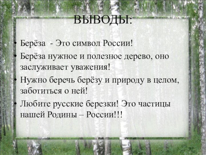 ВЫВОДЫ:Берёза - Это символ России!Берёза нужное и полезное дерево, оно заслуживает уважения!Нужно