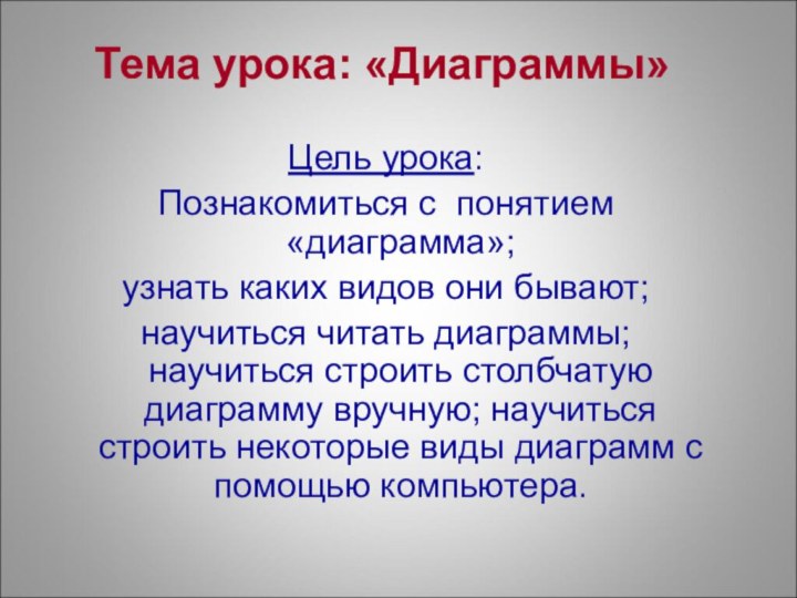 Тема урока: «Диаграммы» Цель урока: Познакомиться с понятием «диаграмма»; узнать каких