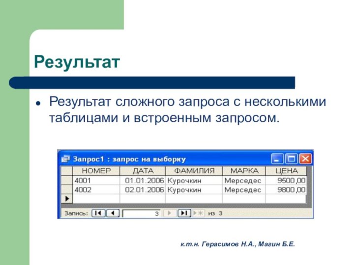 РезультатРезультат сложного запроса с несколькими таблицами и встроенным запросом.к.т.н. Герасимов Н.А., Магин Б.Е.