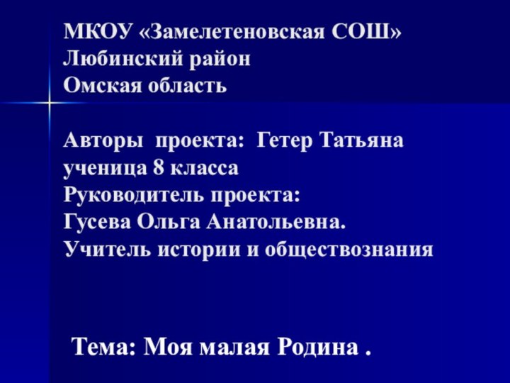 МКОУ «Замелетеновская СОШ» Любинский район Омская область  Авторы проекта: Гетер Татьяна