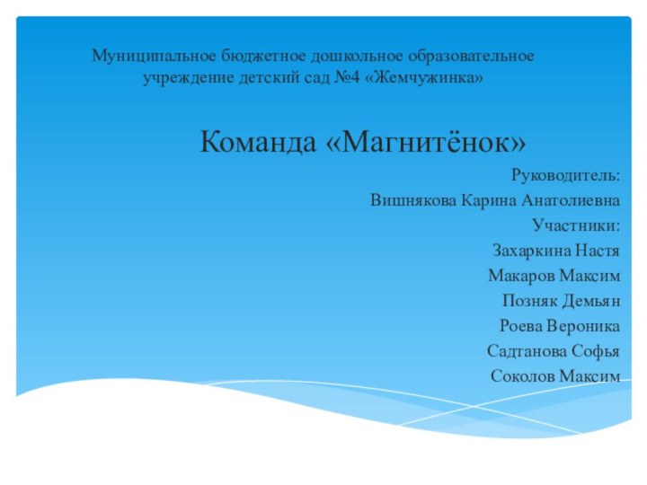 Муниципальное бюджетное дошкольное образовательное учреждение детский сад №4 «Жемчужинка»Команда «Магнитёнок»Руководитель: Вишнякова Карина