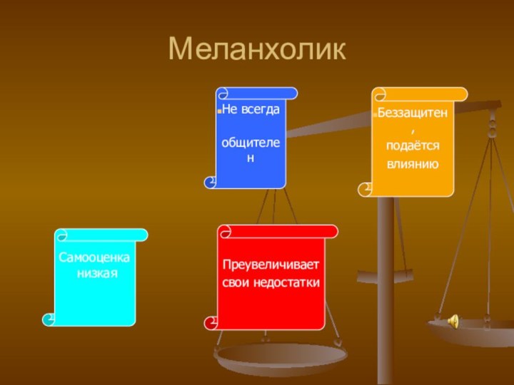 Меланхолик Не всегда общителен Беззащитен, подаётся влиянию Самооценка низкаяПреувеличивает свои недостатки