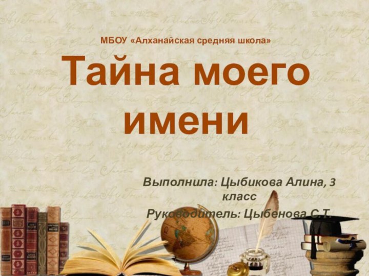 МБОУ «Алханайская средняя школа» Тайна моего имени Выполнила: Цыбикова Алина, 3 классРуководитель: Цыбенова С.Т.