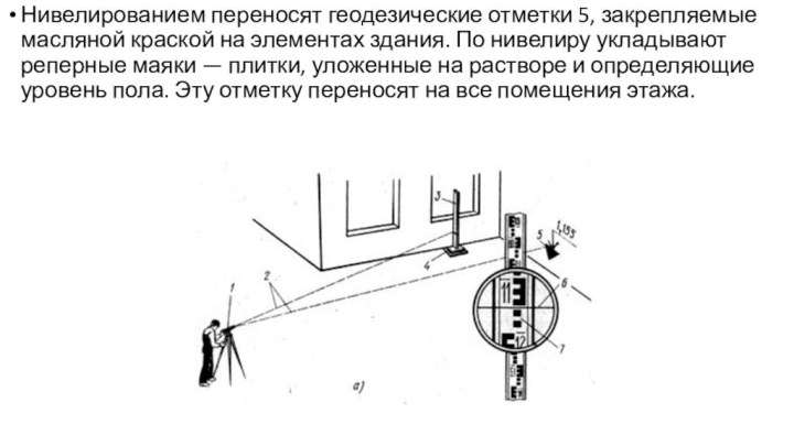 Нивелированием переносят геодезические отметки 5, закрепляемые масляной краской на элементах здания. По