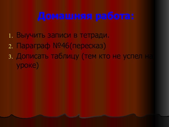 Домашняя работа:Выучить записи в тетради.Параграф №46(пересказ)Дописать таблицу (тем кто не успел на уроке)