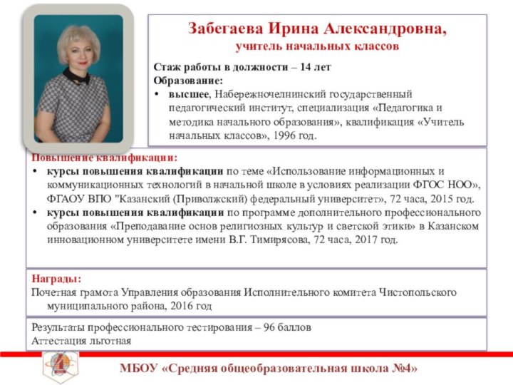 Забегаева Ирина Александровна, учитель начальных классов Стаж работы в должности – 14