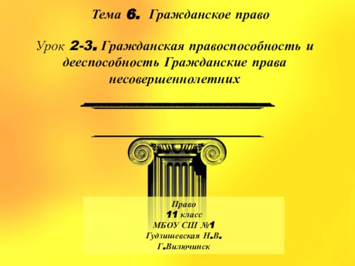 Тема 6. Гражданское правоУрок 2-3. Гражданская правоспособность и дееспособность Гражданские права несовершеннолетнихПраво11 классМБОУ СШ №1Гудзишевская Н.В.Г.Вилючинск