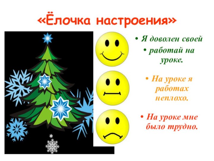 «Ёлочка настроения»Я доволен своей работай на уроке.На уроке я работах неплохо.На уроке мне было трудно.