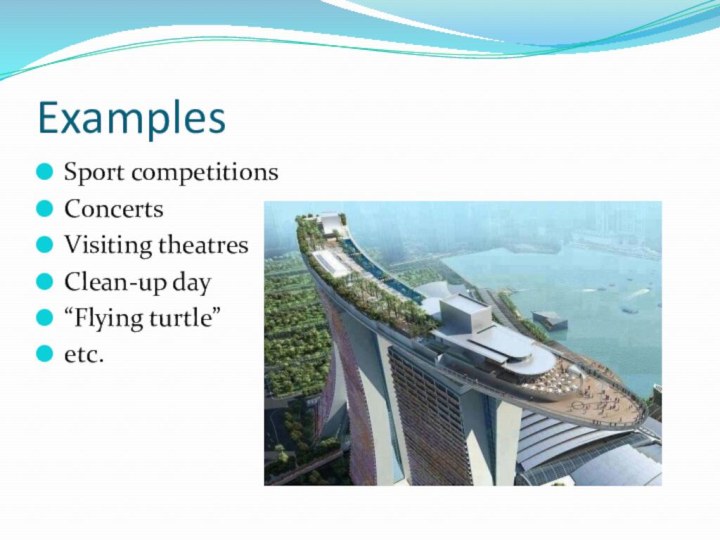 ExamplesSport competitionsConcertsVisiting theatresClean-up day“Flying turtle”etc.