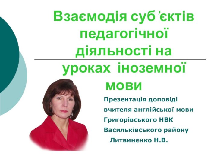 Взаємодія суб’єктів педагогічної діяльності на уроках іноземної мовиПрезентація доповідівчителя англійської мовиГригорівського НВКВасильківського району  Литвиненко Н.В.