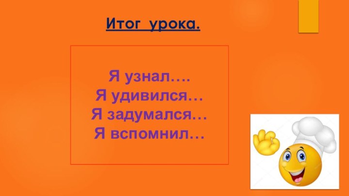 Итог урока.Я узнал….Я удивился…Я задумался…Я вспомнил…