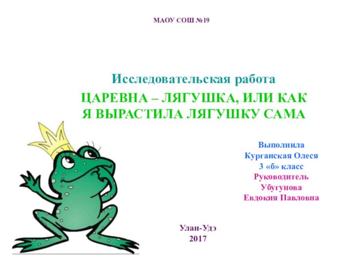 МАОУ СОШ №19 Исследовательская работаЦАРЕВНА – ЛЯГУШКА, ИЛИ КАК Я ВЫРАСТИЛА ЛЯГУШКУ