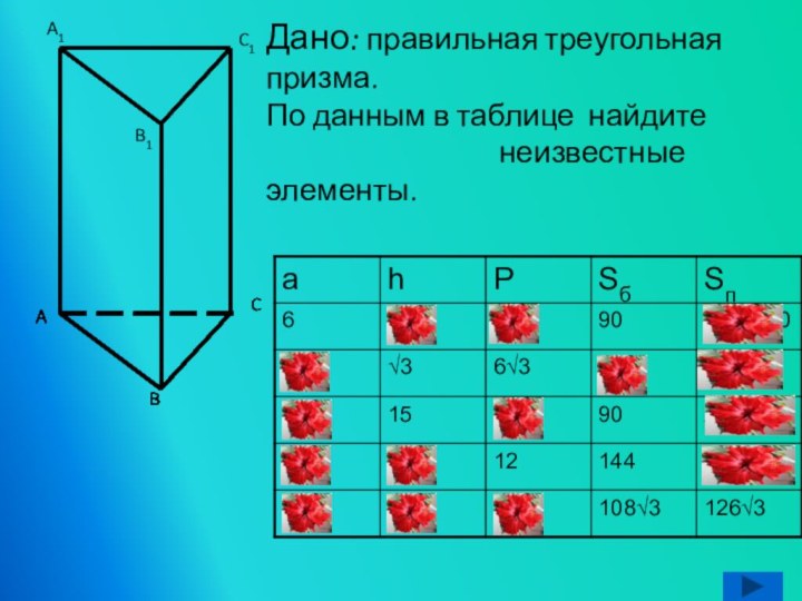 Дано: правильная треугольная призма.По данным в таблице найдите