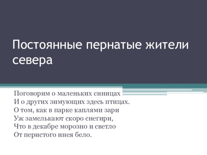 Постоянные пернатые жители севераПоговорим о маленьких синицах И о других зимующих здесь