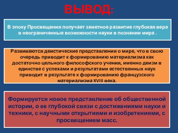 ВЫВОД: В эпоху Просвещения получает заметное развитие глубокая вера в неограниченные возможности