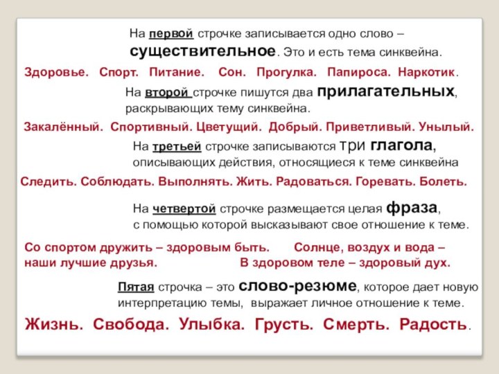 На первой строчке записывается одно слово – существительное. Это и есть тема