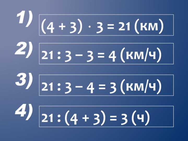 1) 2) 3) 4)(4 + 3)  3 = 21 (км) 21