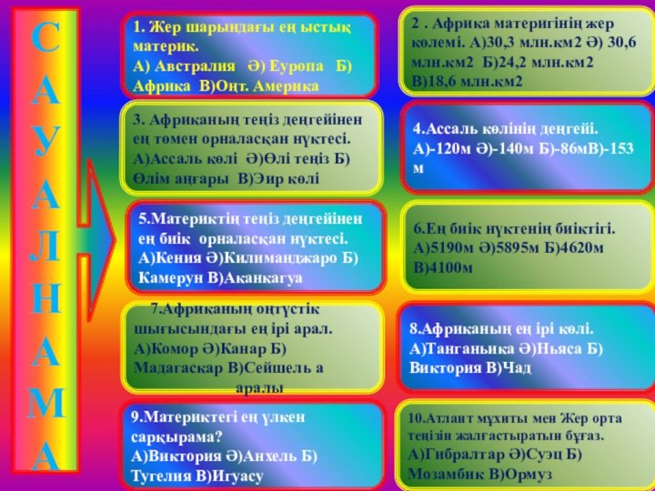 САУАЛНАМА1. Жер шарындағы ең ыстық материк.А) Австралия  Ә) Еуропа  Б)Африка