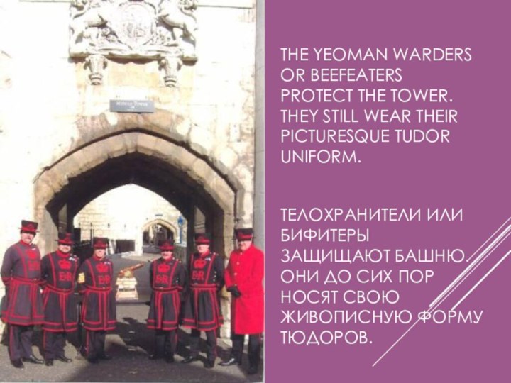 THE YEOMAN WARDERS OR BEEFEATERS PROTECT THE TOWER. THEY STILL WEAR THEIR