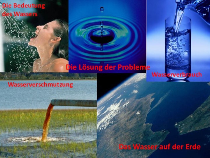 Die Bedeutung des WassersDas Wasser auf der ErdeWasserverbrauchWasserverschmutzungDie Lösung der Probleme