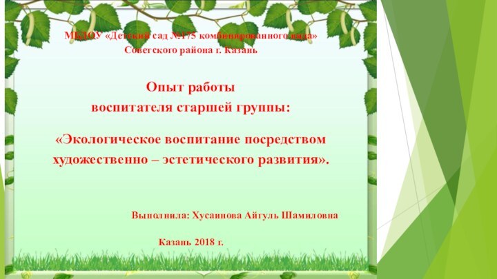  МБДОУ «Детский сад №175 комбинированного вида» Советского района г. КазаньОпыт работы воспитателя