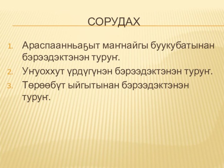 сорудахАраспаанньаҕыт маҥнайгы буукубатынан бэрээдэктэнэн туруҥ.Уҥуоххут үрдүгүнэн бэрээдэктэнэн туруҥ.Төрөөбүт ыйгытынан бэрээдэктэнэн туруҥ.