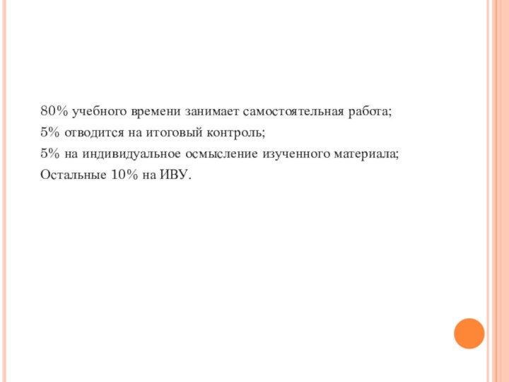 80% учебного времени занимает самостоятельная работа;5% отводится на итоговый контроль;5% на индивидуальное