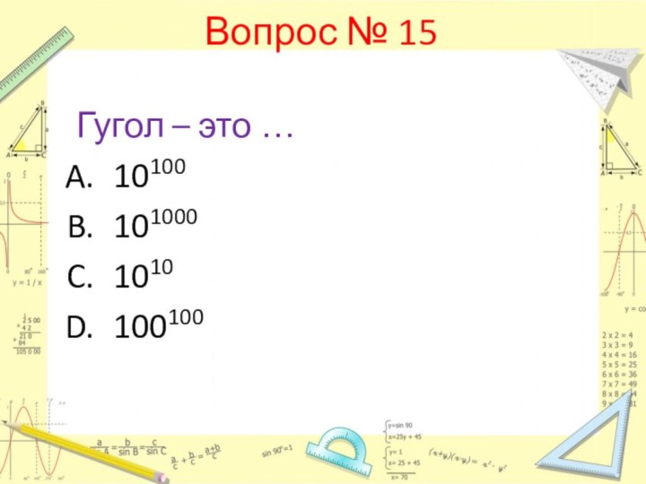 Вопрос № 15Гугол – это …101001010001010100100