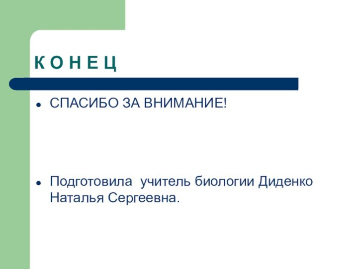 К О Н Е ЦСПАСИБО ЗА ВНИМАНИЕ!Подготовила учитель биологии Диденко Наталья Сергеевна.