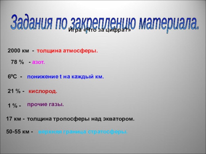 Задания по закреплению материала. Игра «Что за цифра?»2000 км - толщина атмосферы.78