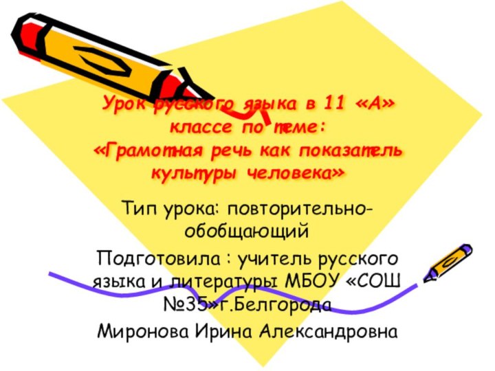 Урок русского языка в 11 «А» классе по теме: «Грамотная речь как