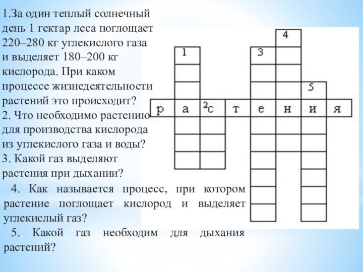 4. Как называется процесс, при котором растение поглощает кислород и выделяет углекислый