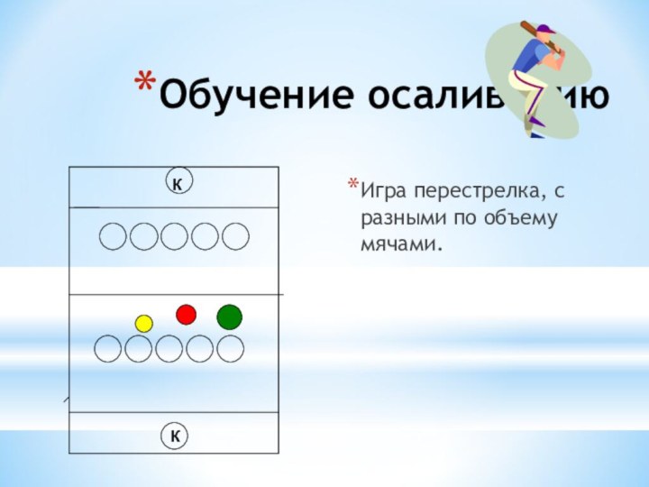 Обучение осаливаниюИгра перестрелка, с разными по объему мячами.КК