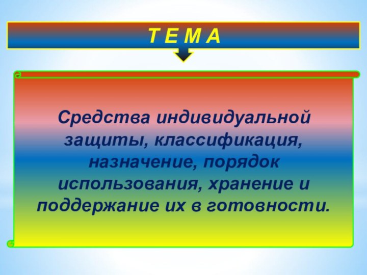 Т Е М АСредства индивидуальной защиты, классификация, назначение, порядок использования, хранение и поддержание их в готовности.