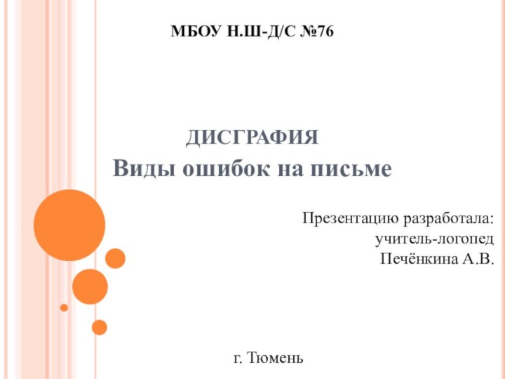 ДИСГРАФИЯВиды ошибок на письме Презентацию разработала: учитель-логопед Печёнкина А.В.МБОУ Н.Ш-Д/С №76г. Тюмень