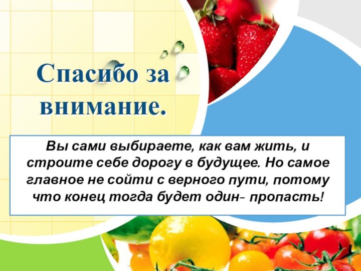 Спасибо за внимание.Вы сами выбираете, как вам жить, и строите себе дорогу