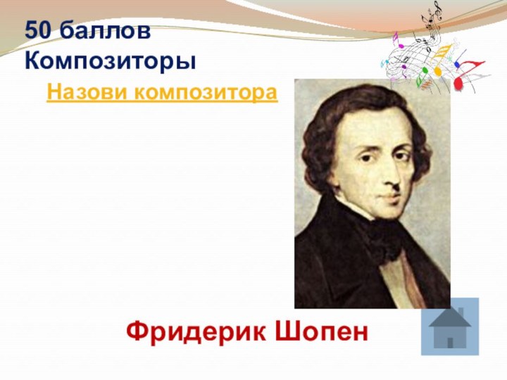 50 баллов  КомпозиторыНазови композитораФридерик Шопен