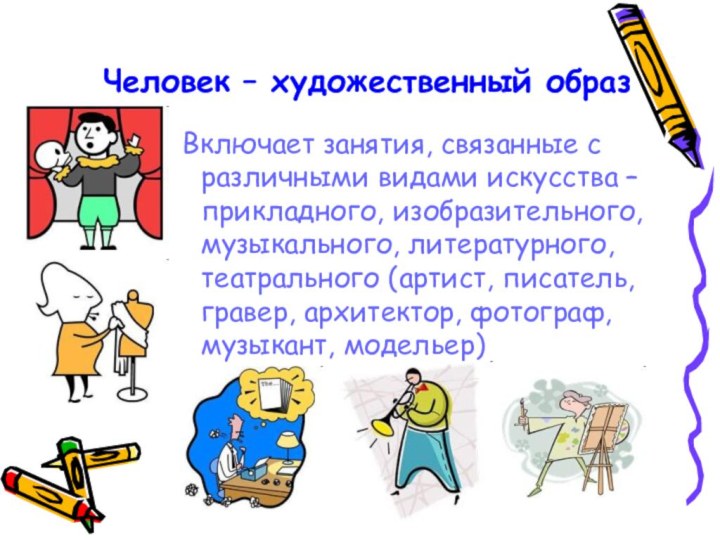 Человек – художественный образ Включает занятия, связанные с различными видами искусства –