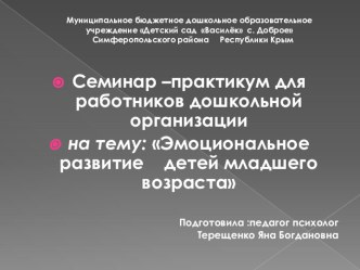 Семинар –практикум для работников дошкольной организации на тему: Эмоциональное развитие детей младшего возраста