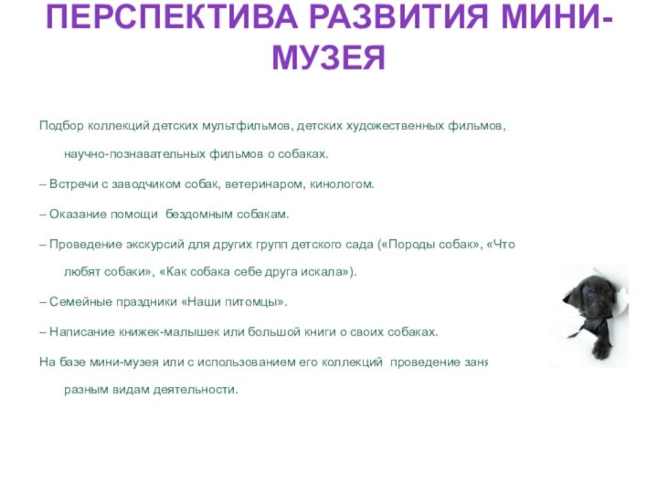 ПЕРСПЕКТИВА РАЗВИТИЯ МИНИ-МУЗЕЯ Подбор коллекций детских мультфильмов, детских художественных фильмов, научно-познавательных фильмов