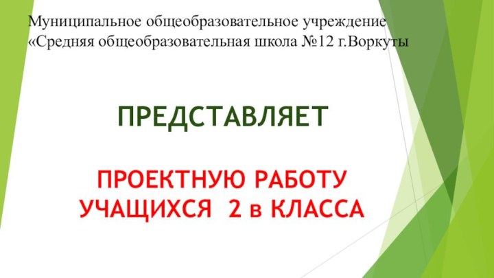 ПРЕДСТАВЛЯЕТПРОЕКТНУЮ РАБОТУ УЧАЩИХСЯ 2 в КЛАССАМуниципальное общеобразовательное учреждение«Средняя общеобразовательная школа №12 г.Воркуты