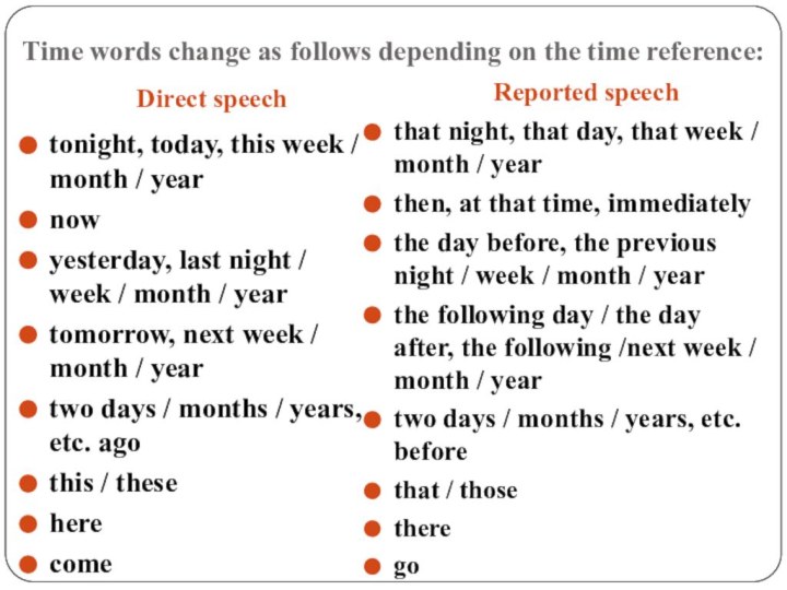 Time words change as follows depending on the time reference:Direct speechReported speechtonight,