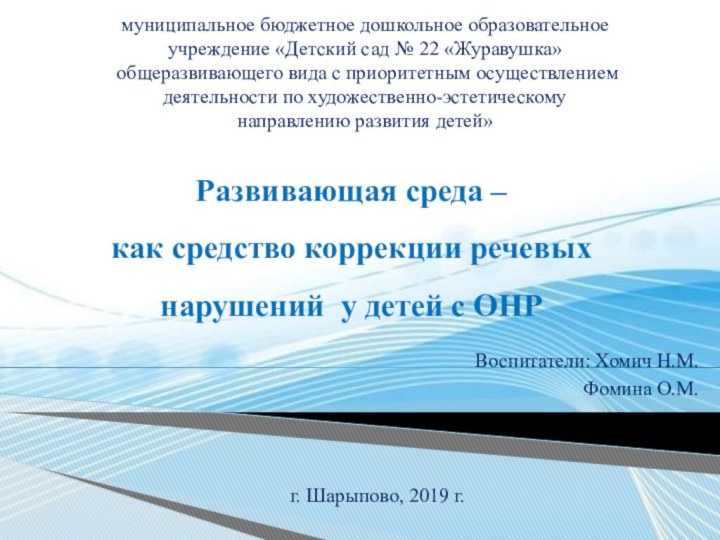 Развивающая среда –  как средство коррекции речевых нарушений у детей с ОНР