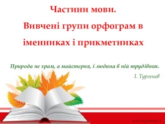 Презентація з української мови Частини мови. Вивчені групи орфограм в іменниках і прикметниках