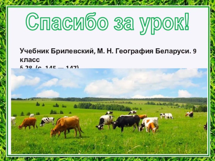 Спасибо за урок!Учебник Брилевский, М. Н. География Беларуси. 9 класс§ 28 (с. 145 — 147)