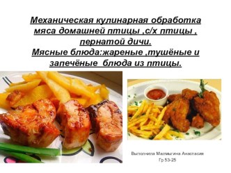 Самостоятельные работы ПМ05 Механическая кулинарная обработка мяса домашней птицы, Блюда из домашней птицы группа 53-25 Повар, кондитер курс 3 работа выполнена студенткой Малмыгиной Анастасией Владимировной